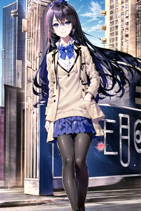 solo, 1girl, otoha hiiragi, (school uniform, beige jacket, open jacket, long sleeves, blue cardigan, red bowtie, blue pleated skirt, black pantyhose, black loafers), smile, looking at viewer, standing, (city, blue sky, sunlight, outdoors), (full body), <lo...