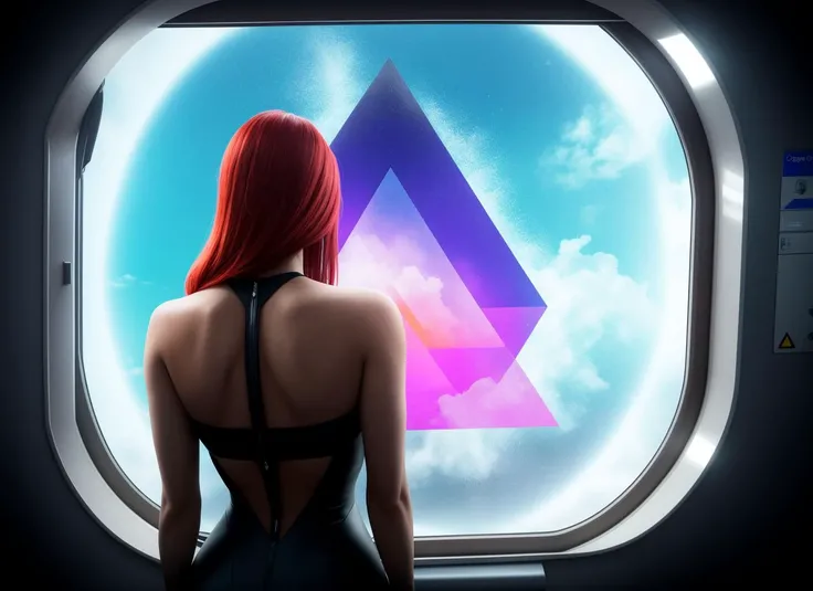 three cornered window, back of head shot of (woman looking out of triangle window:1.1), 3rd person, Looking out the triangular window of a (train:1.1) with triangular windows, triangular windows and triangular, wheels,  in a fantasy world, 
psychedelic, ge...