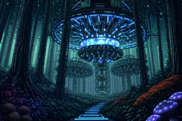 A surreal forest scene where nature and technology collide. The trees are made of metal pipes and wires, the shrugs are glowing neon lights, the plants are circuit boards and keyboards, the mushrooms are speakers and headphones, the small animals are robot...