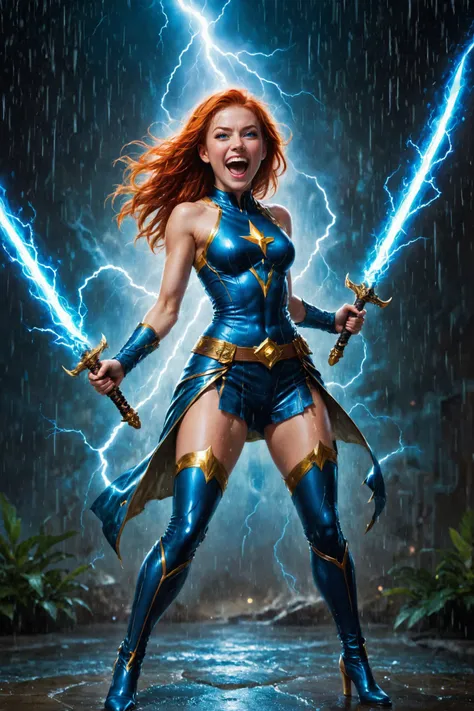 a woman in a blue costume holding two swords in the rain