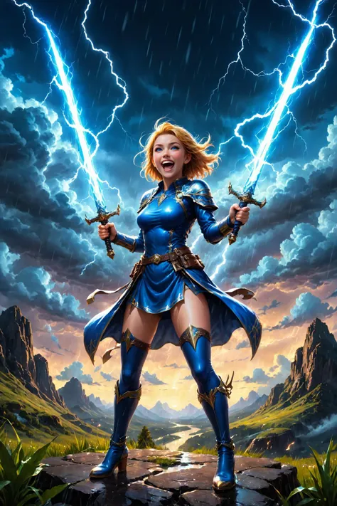 a woman in blue armor holding two swords standing on a rock