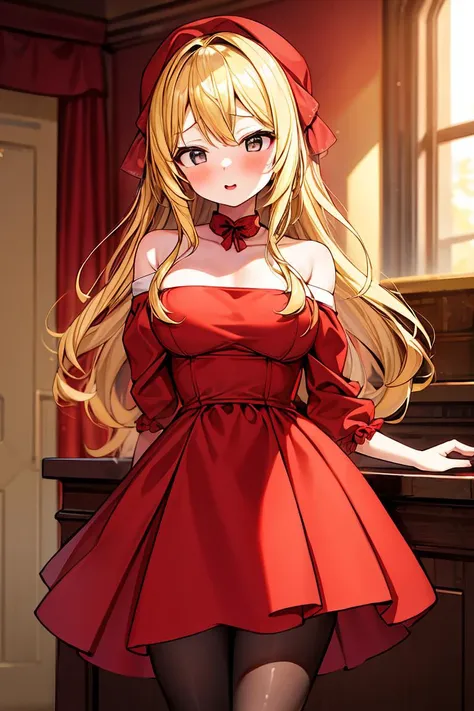 a woman in a red dress standing in front of a piano