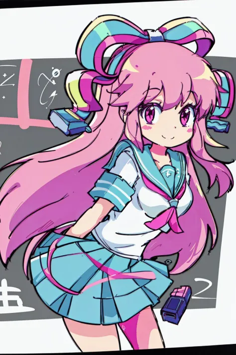 giffany, school uniform, (cable bow:1.3), 1girl, solo, smile, dynamic angle, masterpiece, best quality, colorful,  <lora:giffany_v12:1>