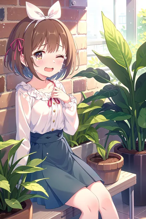 1girl, blush, book, brick_wall, brown_hair, flower, flower_pot, hair_ribbon, ivy, leaf, lily_(flower), looking_at_viewer, one_eye_closed, open_mouth, plant, potted_plant, ribbon, short_hair, sitting, solo, tears, tulip, vase, vines
 <lora:pcr2-000012:0.7>