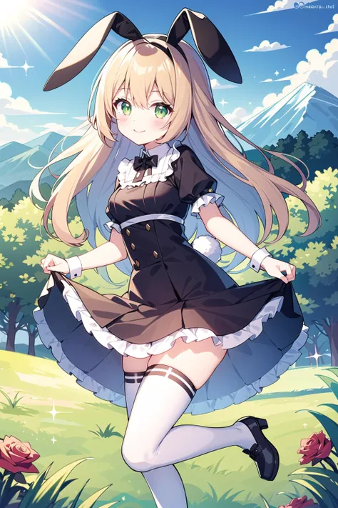 a girl in a dress and bunny ears is running through the grass