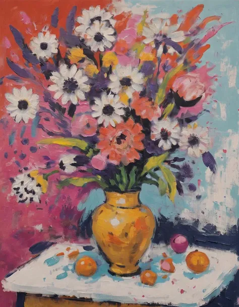 <lora:m4t1:0.8>m4t1 woman flowers, vase, thick paint, canvas, brushstrokes