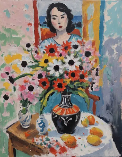 <lora:m4t1:0.8>m4t1 woman, flowers, vase, thick paint, canvas, brushstrokes