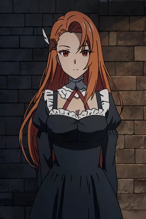 miria, 1girl, solo, long_hair, breasts, looking_at_viewer, bangs, brown_hair, hair_ornament, red_eyes, dress, cleavage, brown_eyes, medium_breasts, closed_mouth, upper_body, short_sleeves, frills, puffy_sleeves, orange_hair, black_dress, frown, asymmetrica...