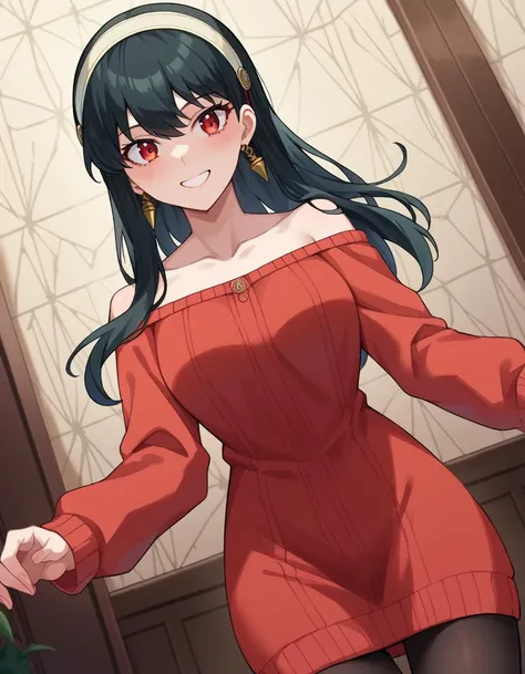 anime girl in red dress with black hair and red eyes