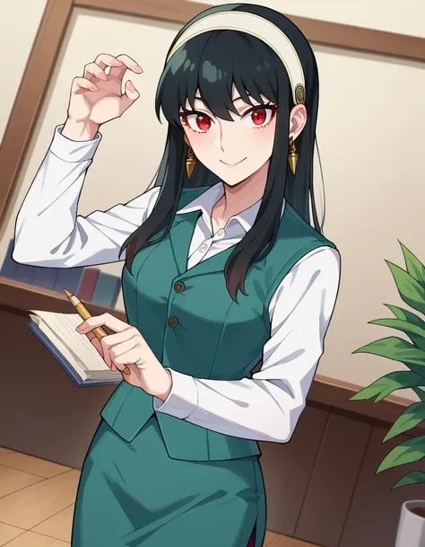 anime girl in green dress holding a book and a pen