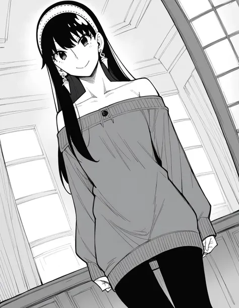 anime girl in a gray sweater and black pants standing in front of a window