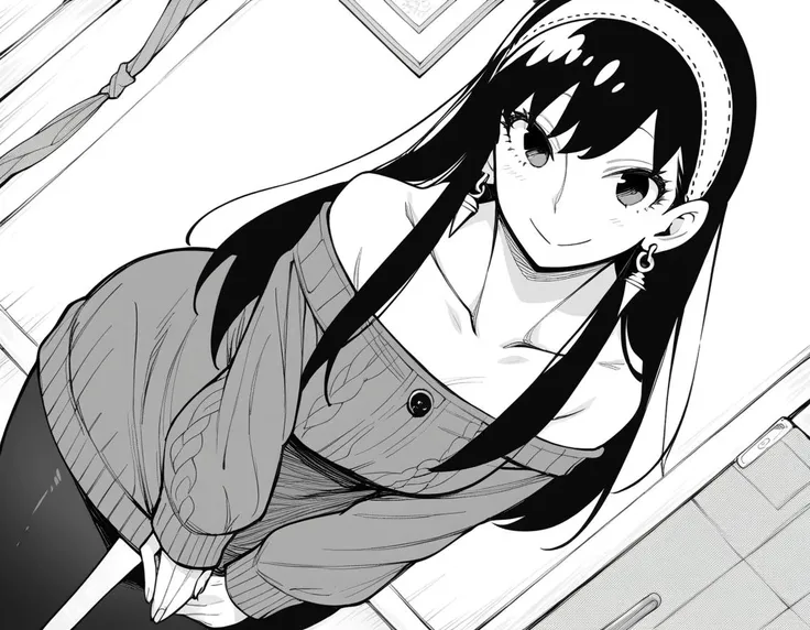 anime girl with long black hair and a gray top