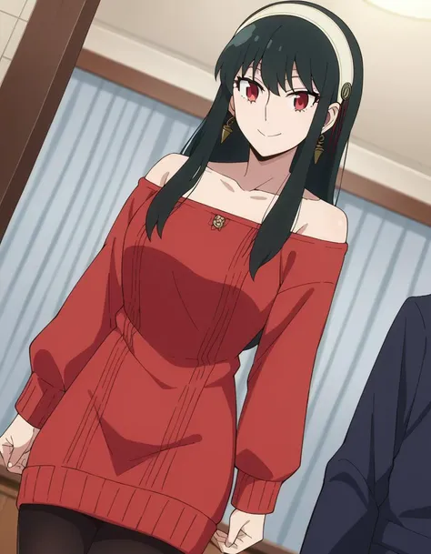 anime image of a woman in a red dress standing next to a man