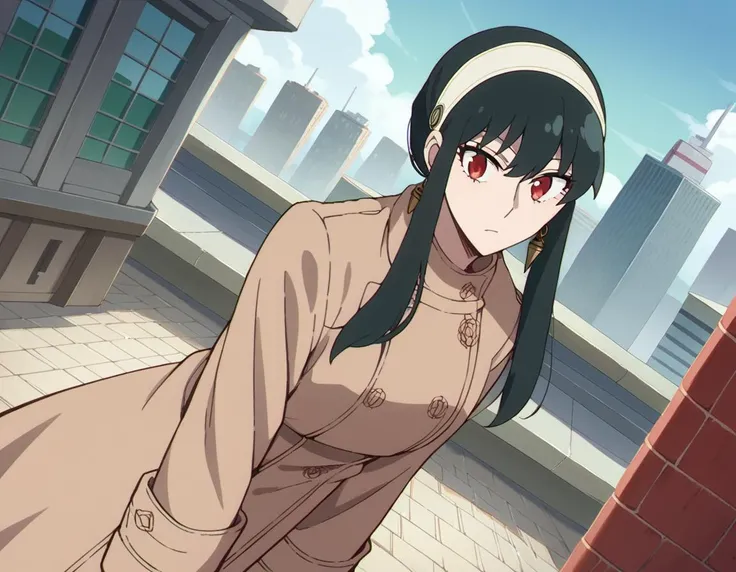 score_9, score_8_up, score_7_up, source_anime,
yorbriar, <lora:yor-briar-s1-ponyxl-lora-nochekaiser:1>,
yor briar, black hair, red eyes, earrings, white hairband, hairband, long hair, sidelocks,
coat, trench coat,
outdoors, cityscape, bent over,
looking at...