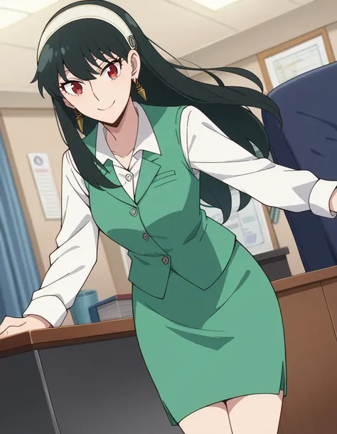 anime girl in green dress standing in front of a desk