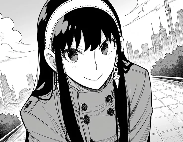 score_9, score_8_up, score_7_up, source_anime,
yorbriar, <lora:yor-briar-manga-ponyxl-lora-nochekaiser:1>,
yor briar, black hair, earrings, white hairband, hairband, long hair, sidelocks, monochrome, greyscale,
coat, trench coat,
outdoors, cityscape, smile...