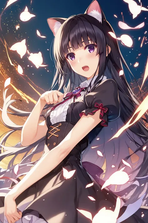 anime girl with long black hair and cat ears holding a knife