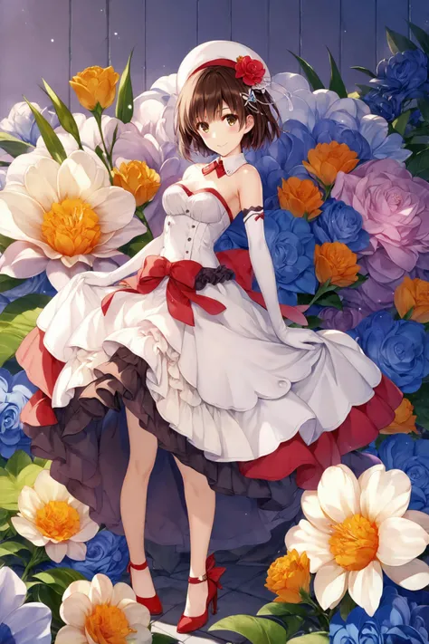 anime girl in a white dress and red shoes standing in front of flowers