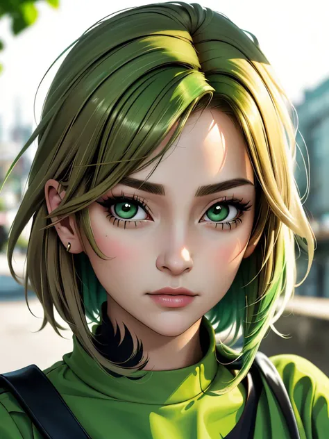 a close up of a person with green hair and green eyes