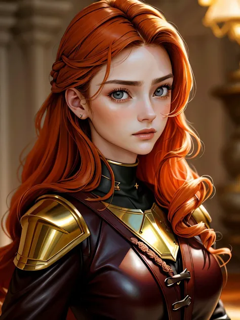 a woman with red hair and armor is posing for a picture