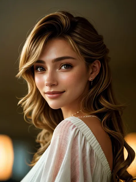 a woman with long hair and a white top posing for a picture