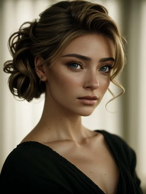 a close up of a woman with a black dress and a hairdo