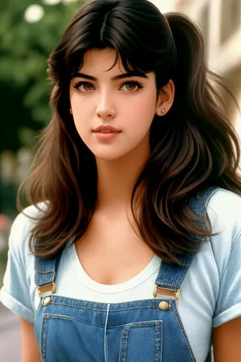 a photo of pho3b3cat3s, beautiful woman, ((24 years old)), street, tshirt, denim overalls, 1980s, retro, long wavy dark hair ponytail, (masterpiece), (extremely detailed CG unity 8k wallpaper), Intricate, ((photorealistic)),