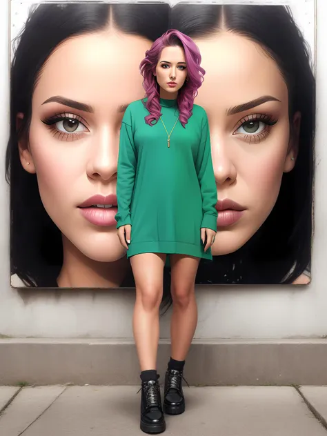 a woman with purple hair standing in front of a poster