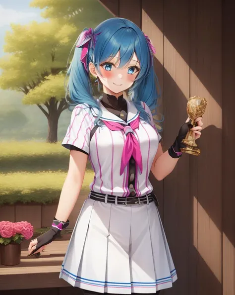 ((1girl)),blush,smile,hachinai uniform,baseball uniform,pleated skirt,outdoors,high quality,high resolution,best quality,award winning,highly detailed,hyper extreme detailed BREAK blue hair,twintails   <lora:hachinai_uniformV3-000016:1>