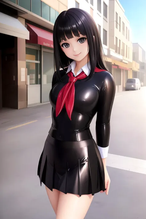 anime girl in a short black dress and red tie posing for a picture