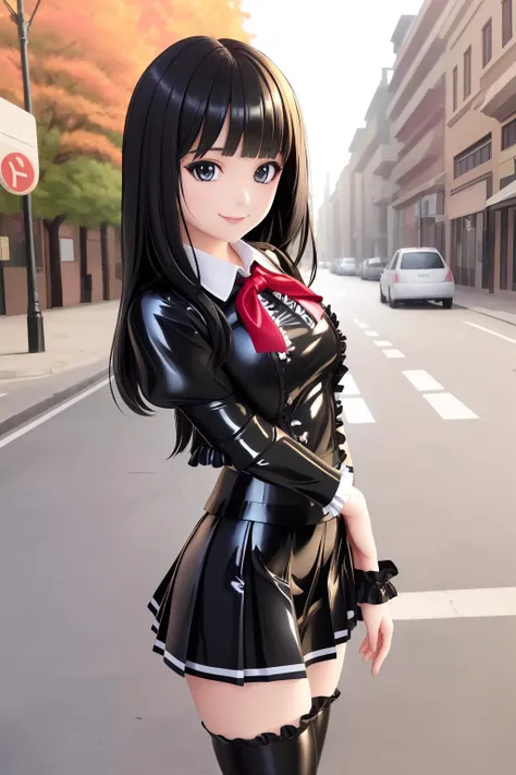 anime girl in latex outfit posing on street with cars