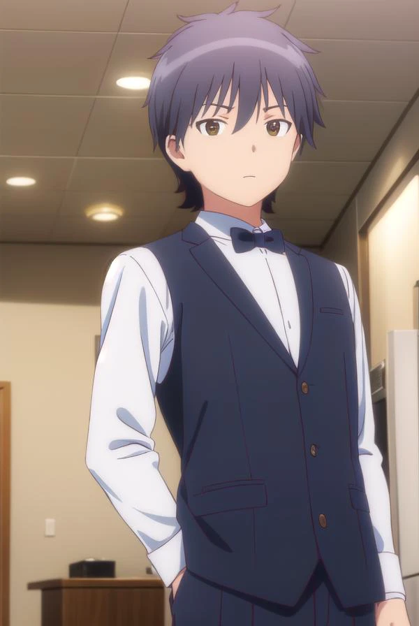 daisukehigashida, <lora:daisuke higashida s1-lora-nochekaiser:1>,
daisuke higashida, black hair, (brown eyes:1.3), male focus,
BREAK shirt, bow, pants, bowtie, black bow, waiter,
BREAK indoors, restaurant,
BREAK looking at viewer, (cowboy shot:1.5),
BREAK ...