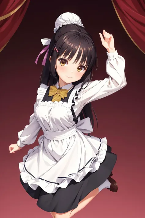 ultra detailed, sharp focus, best quality, masterpiece, <lora:cafestella_shiki:1> shiki natsume, hairclip, hair bun, bun cover, frills, dress, yellow bow, long sleeves, apron, jumping, arms held up, smile, full body shot, looking at the viewer, ballgown, p...