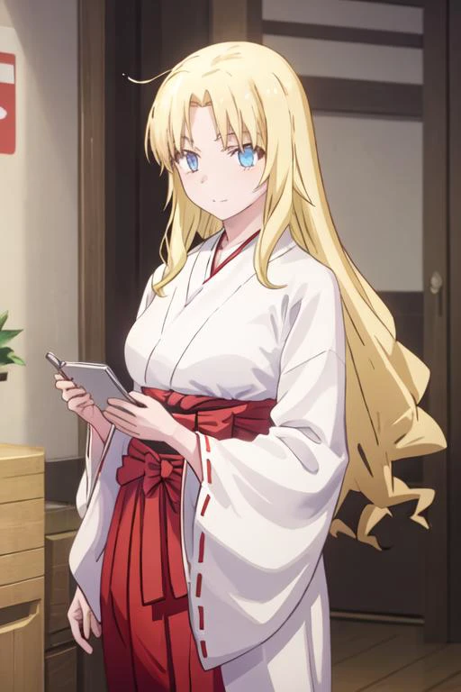 best quality, masterpiece, highres, solo, {white kimono:1.35}, {red hakama:1.35}, {wide sleeves:1.20}, {rita_ainsworth_sakurasounopetnakanojo:1.15}, blonde_hair, long_hair, blue_eyes, bangs, closed_mouth