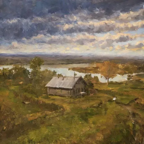 painting of a farm with a lake and a cloudy sky