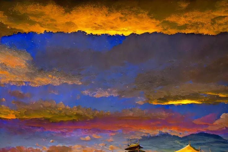 childhood of chinese kids, a group of people sitting on a bench under a night sky with a crescent moon in the distance and a few...