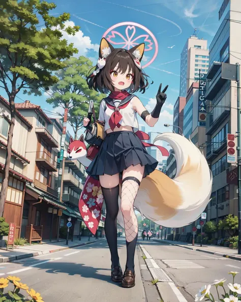 masterpiece, best quality, highly detailed,absurdres, anime,Dark Atmosphere
,,
,full body, 
,  outdoors, park,grass,sakura tree,
, solo 
,
,standing, 
,   <lora:kudaIzuna:1>,,izunaSerafuku, izuna (blue archive), animal ears, fox ears, tail, school uniform,...