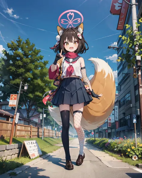 masterpiece, best quality, highly detailed,absurdres, anime,Dark Atmosphere
,,
,full body, 
,  outdoors, park,grass,tree
, solo 
,
,standing, 
,   <lora:kudaIzuna:1:lbw=CHARA>,,izunaSerafuku, izuna (blue archive), animal ears, fox ears, tail, school unifor...