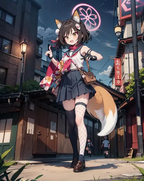 masterpiece, best quality, highly detailed,absurdres, anime,Dark Atmosphere
,,
,full body, 
,  outdoors, park,grass,sakura tree,
, solo 
,
,standing, 
,   <lora:kudaIzuna:1:lbw=CHARA>,,izunaSerafuku, izuna (blue archive), animal ears, fox ears, tail, schoo...