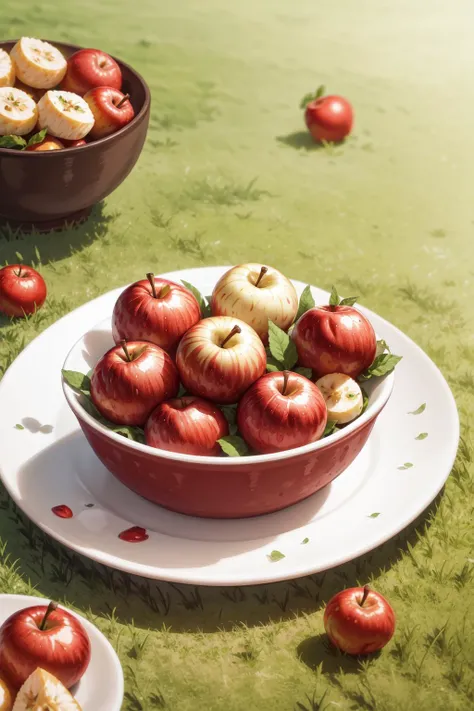 masterpiece, high quality, best quality, Red apples, lying on the grass, foodphoto, <lora:foodphoto:0.6>,