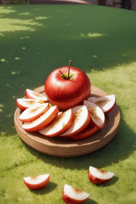masterpiece, high quality, best quality, Red apples, lying on the grass, foodphoto, <lora:foodphoto:0.6>,