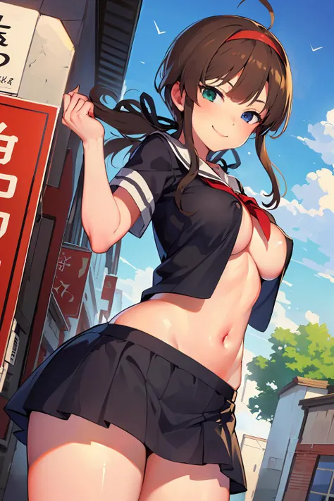 (masterpiece),(very high resolution), (best quality),(extremely detailed),(illustration), dynamic angle,
1girl,
ryoubi (senran kagura), small breasts, wide hips, heterochromia, red hairband, brown hair, <lora:ryoubi:0.8>
BREAK
smile, school uniform,
outdoo...