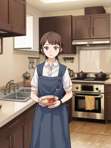 anime girl in kitchen holding a bowl of food in front of a stove