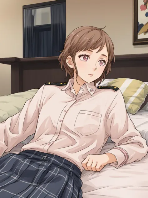 anime girl in a pink shirt and blue skirt sitting on a bed