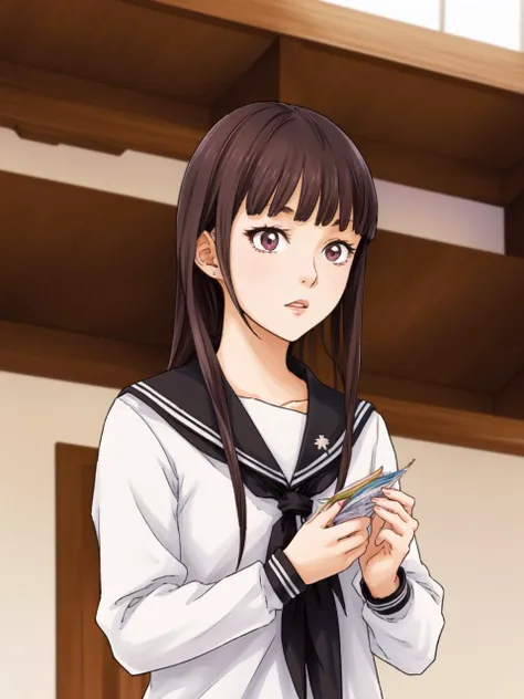 anime girl in uniform holding a cell phone in her hand