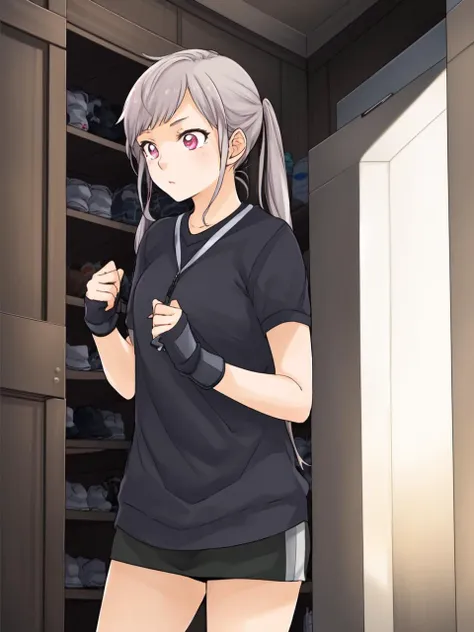 anime girl in a black shirt and black shorts standing in a closet