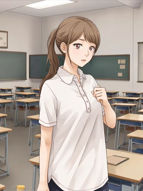 anime image of a girl in a classroom with desks and a chalkboard