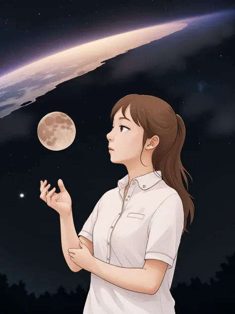 a woman in white shirt holding a hand up to a moon