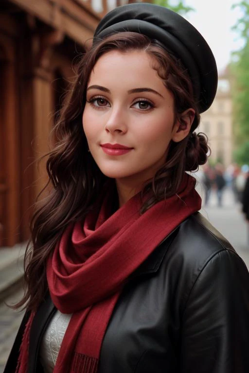 <lora:Elle_Macpherson-000005:0.5>,elle, ,(epic) , photo of a woman, ((hair tied back, hair in bun, dark brown hair)), ((outdoors, medieval city, scarf, black coat, flower hat, flowers)),smiling, (red lipstick, blush), ((best quality, masterpiece, extreme d...