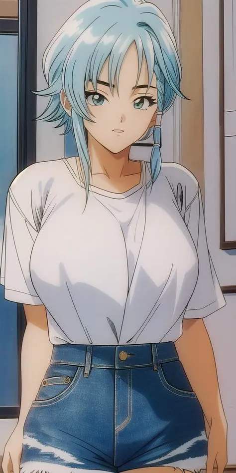 a close up of a person with blue hair and a white shirt